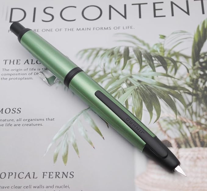 JINHAO 10 Press Fountain Pen, Retractable Metal Pen with Ink Converter (F Nib 0.5mm, Light Pine Green - Black Clip)