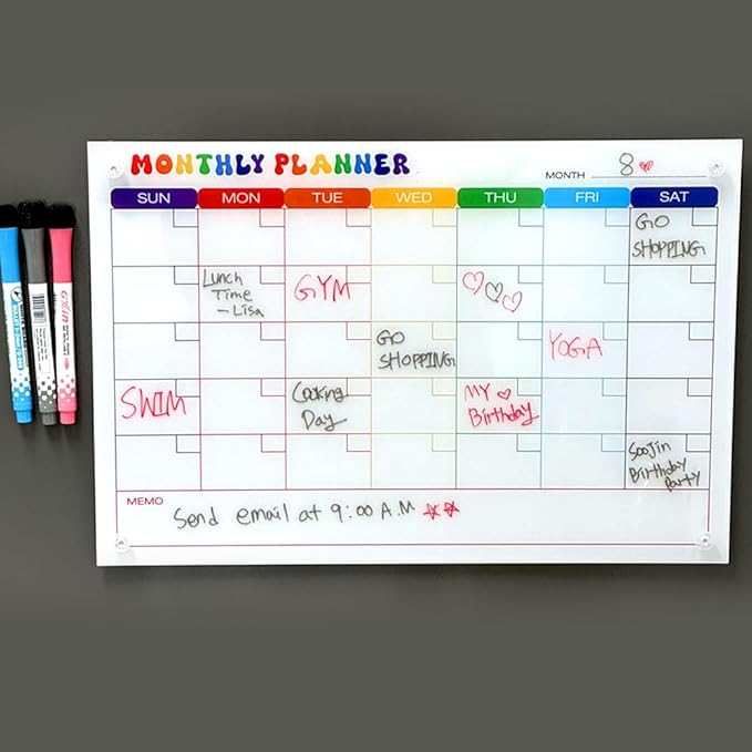 GEEKBEAR Dry Erase Refrigerator Calendar with 3 Markers - Attachable to Any Fridge with Special Suction Cups - Monthly and Weekly Designs, Acrylic - 15.7" x 10.6" (06. Rainbow, Monthly)