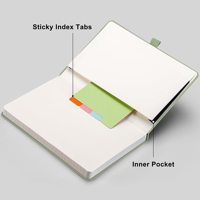 RETTACY Journaling Notebooks, A5 Lined Journal Notebook with 192 Numbered Pages, 5.7'' × 8.3'' Medium Size, for Writing, Work, Office, Leather Hardcover, 100 GSM Thick Paper (Light Green)