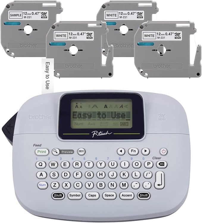 Brother PT-M95 P-Touch Monochrome Label Maker Bundle (4 Label Tapes Included),White