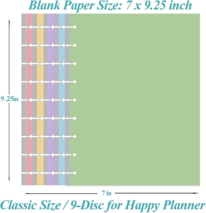 9-Disc Discbound 5 Colorful Blank Paper Pre-punched Happy Planners Inserts, 100Sheets/200Pages Classic Size Blank Loose-Leaf Paper, Per Color 20 Sheets, 7" x 9.25"
