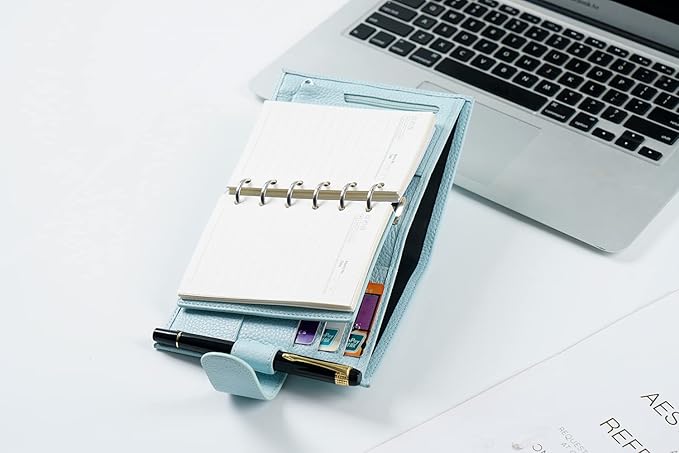 Moterm Pocket Regular Rings Planner - Genuine Leather Binder Organizer (Pebbled-Light Blue, 19mm Ring)