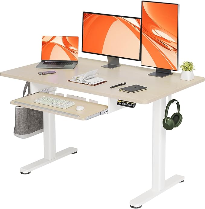 Standing Desk with Keyboard Tray, Electric Standing Desk Adjustable Height, 48x24 Inches Sit Stand up Desk with Splice Board, Raising Desk for Home Office, Natural