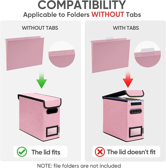 BALEINE File Organizer Box with Lid, Collapsible File Folder Organizer with Plastic Slide, Hanging File Folder Box for Office Document Storage (2 Pack, Pink, S)