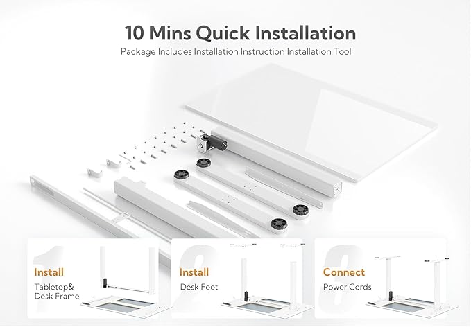 Glass Standing Desk, Electric Standing Desk Adjustable Height, 48 Inch Adjustable Stand Up Desk, Quick Install Home Office Computer Desk, Super White