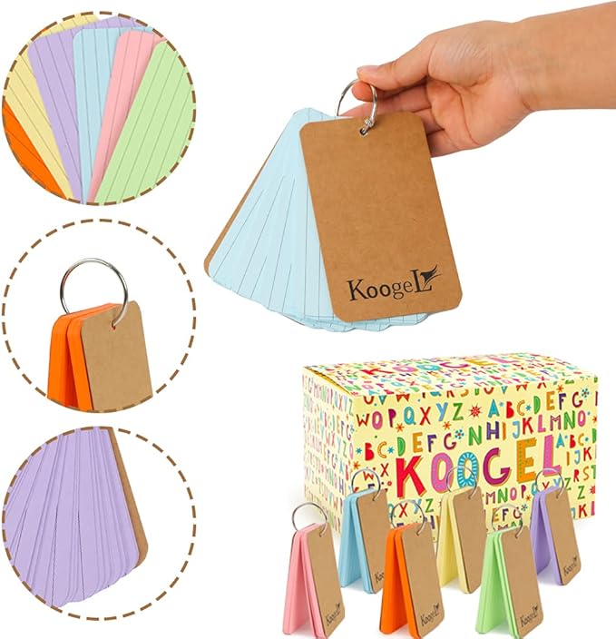 Koogel 300 Pcs Colored Index Cards, 3 x 5 Inch Study Notecards with Ring for School, Learning, Memory
