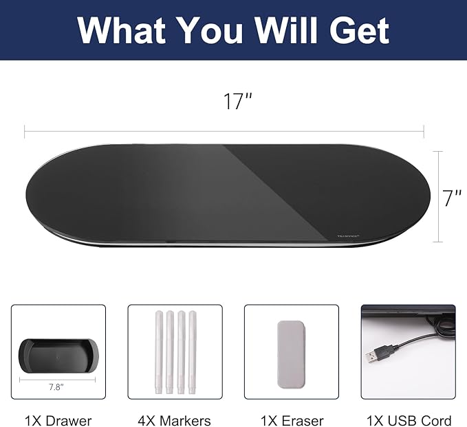 TSJ OFFICE Glass Desktop Whiteboard - 17 X 7 Inches Small Dry Erase Board with Pink Light, Glass White Board Surface Notepad with 1 Drawer, Desk Organizers for Office, Home, School Supplies (Black)