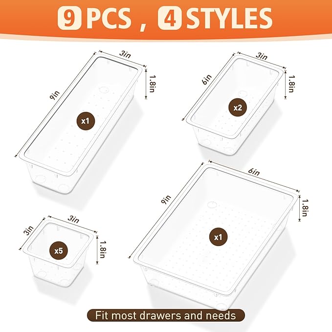 Clear Drawer Organizers of 9 PCS Plastic Drawer Organizer Bins, 4 Sizes Clear Plastic Drawer Organizers and Storage Bins for Bathroom Kitchen Office Organizers and Storage Containers