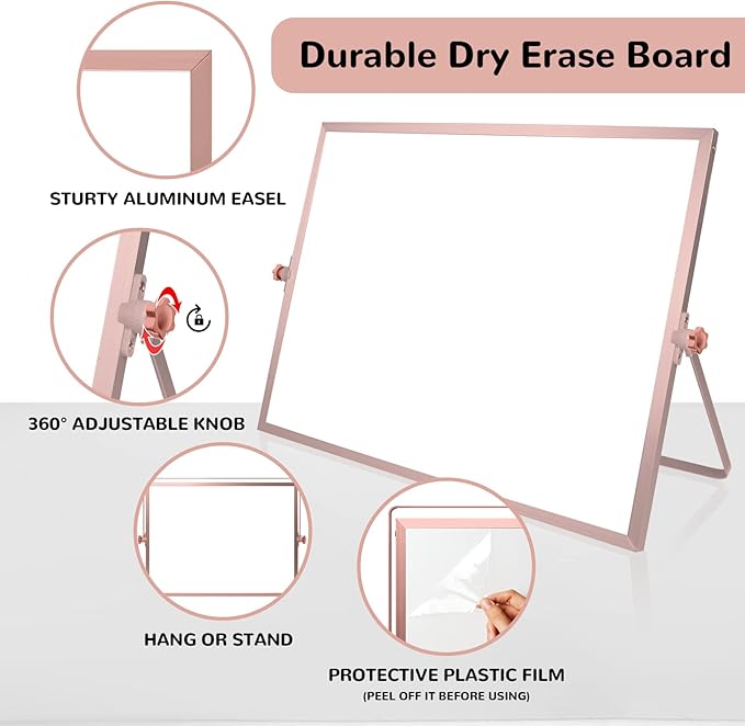 16 x 12 inches Dry Erase Whiteboard, Rose Gold Magnetic Desktop Double-Sided White Board with Stand, 10 Markers, 1 Eraser, 4 Magnets, Portable Whiteboard Easel for School Office Home