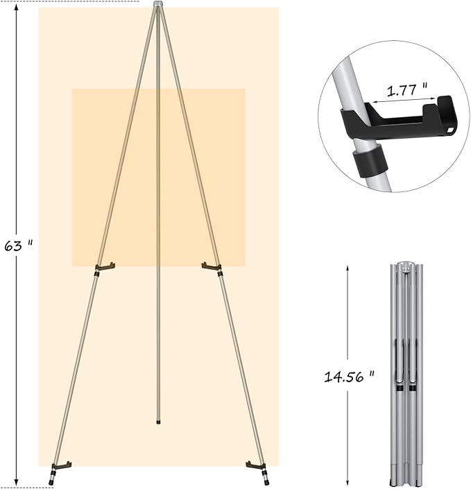 Display Artist Easel Stands - 63" Instant Tripod Collapsible Portable Floor Easels - Easy Folding Adjustable Art Poster Metal Stands for Display Show, Wedding, Painting - Silver 2pack