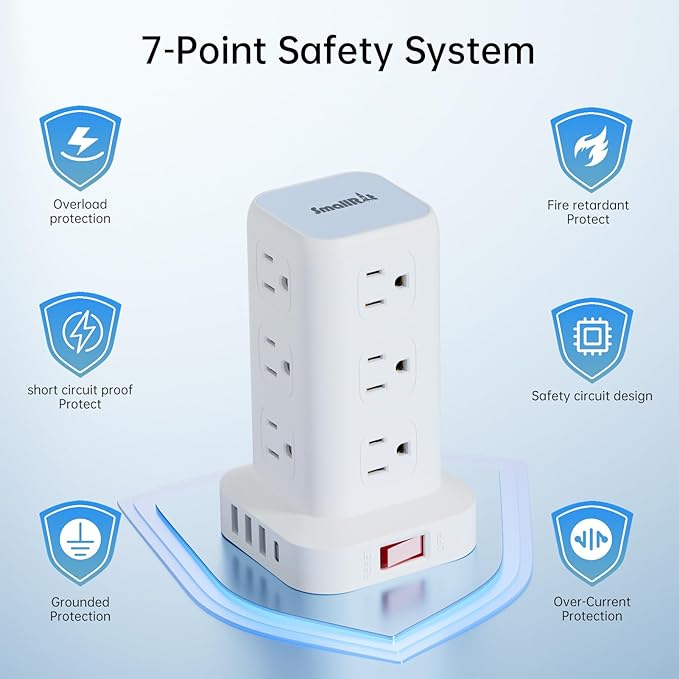 PD20W Power Strip Tower Surge Protector,16.5FT Extension Cord,Power Strip with USB 12 Outlets with 4 USB Ports (1 USB C), Flat Plug Multi Plug Outlet Extender Overload Protection for Home Office