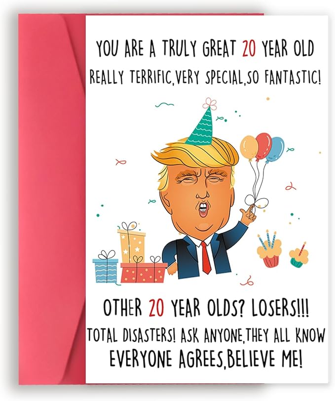 Funny Trump 20th Birthday Card, Greeting Card for Him Her, Modern, Red, Letter Print, 8x5.3 inches