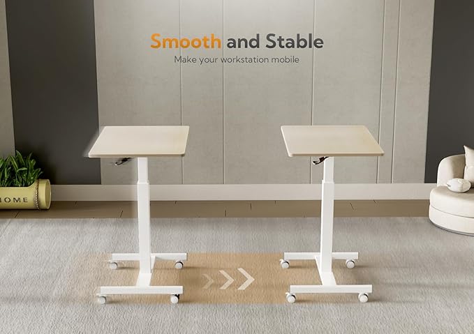 Mobile Standing Desk, Small Rolling Standing Desk, Mobile Desk Workstation with Wheels, Pneumatic Mobile Laptop Desk for Home Office with Hook, Natural