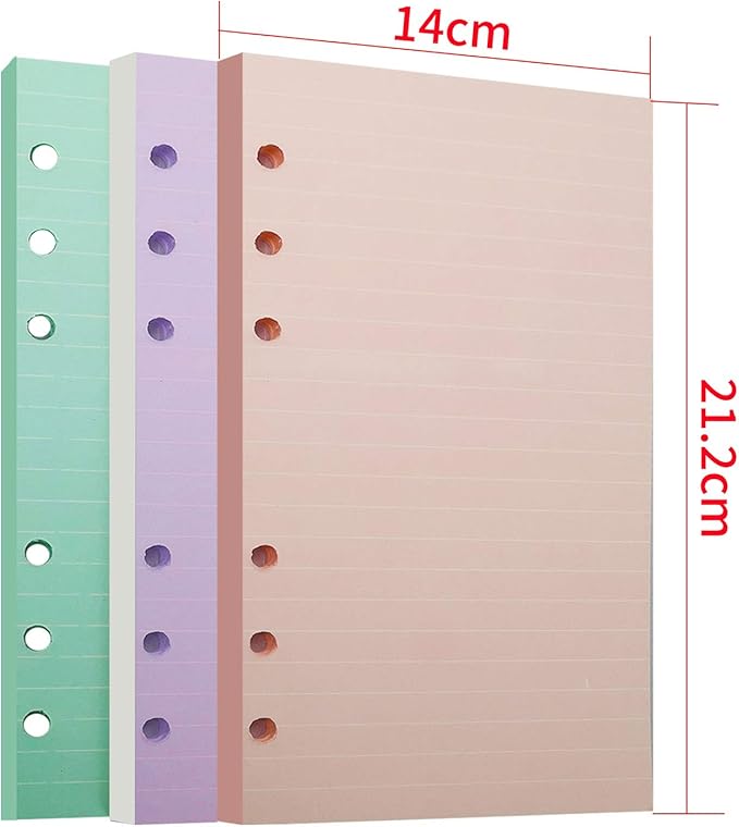 Chris.W A5 Refills Paper, 3 Pack 40 Sheets A5 Colorful Ruled Binder Paper, 3 Pcs Binder Pockets, 1 Page Marker - 6 Hole Notebook Inserts for 6 Ring Refillable A5 Binder Notebook Planner