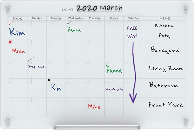 Audio-Visual Direct Magnetic White Calendar Glass Dry-Erase Board Set - 4' x 3' - Includes Magnets, Hardware & Marker Tray