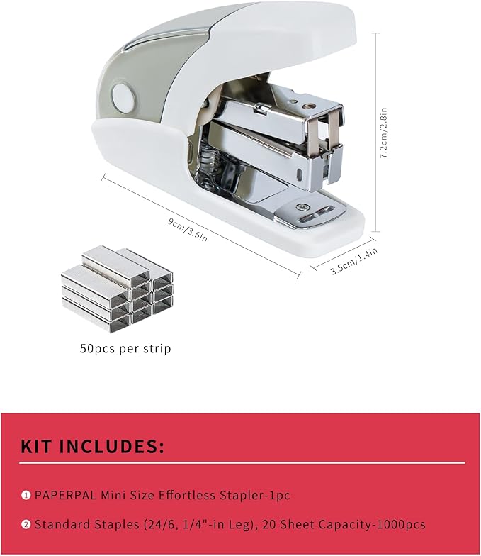 PAPERPAL Effortless Mini Stapler Set, 20 Sheet Capacity, Integrated Remover & Staple Storage, Holds 1/4" Staples, Includes 1000 Staples, Lightweight, Office, School & Daily Use, White