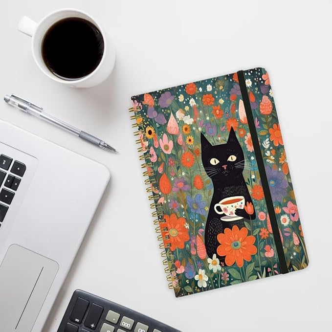 Spiral Notebook - A5 Spiral Notebooks, 8.3'' × 5.8'', 160 Pages, Aesthetic Journaling Notebooks for Women, College Lined Notebook with Elastic Closure, Back Pocket, for School Office, Cat flower