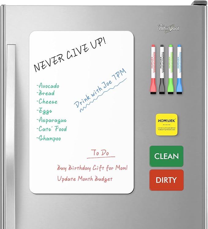 Magnetic Dry Erase Board: Small Fridge Whiteboard, Flexible Refrigerator Magnet White Board, Blank Writing Note Sheet with Dishwasher Magnet Clean Dirty Sign, 4 Markers & Eraser - 17 x 11