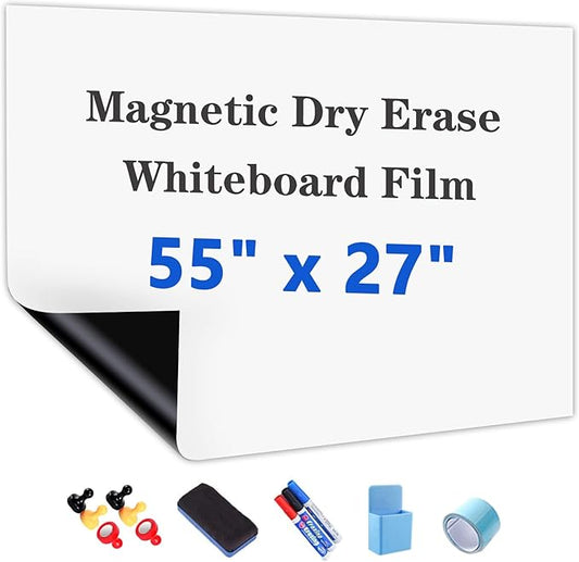 Magnetic White Board Film, 55" x 27" Dry Erase Board for Wall, Self Adhesive Whiteboard Paper Set for Office, Conference Room, Classroom, Home, Include Marker, Magnetic Eraser and Magnets