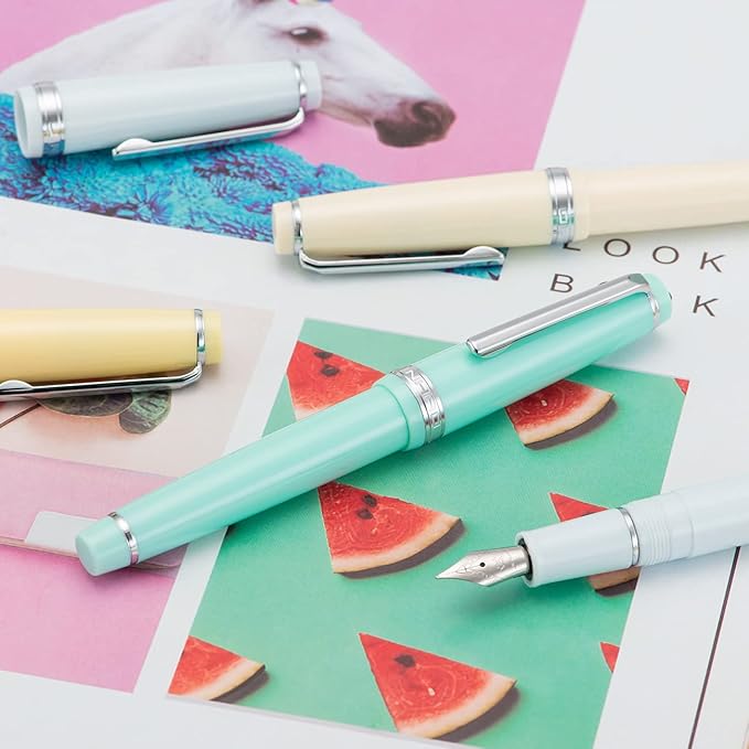 Jinhao 82 Light Green Acrylic Fountain Pen, Iridium Fine Nib Classic Design Smooth Writing Pen with Ink Converter (Silver Trim)