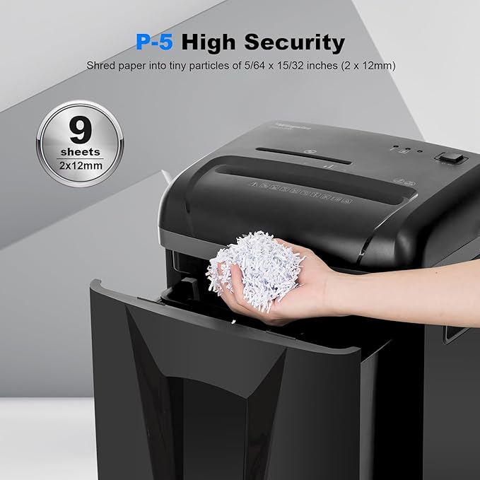 P-5 High-Security Micro-Cut Shredder (2x12mm, 58dB) – 9 Sheets, 2.4m/min, Shreds CDs/Credit Cards, 5.8Gal Bin for Home/Office