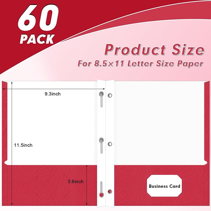 Two Pocket Folders, PANDRI 60 Pack Two Pocket Folders with Prongs, 3 Prong Folders Designed for Office and Classroom, Letter Size Red