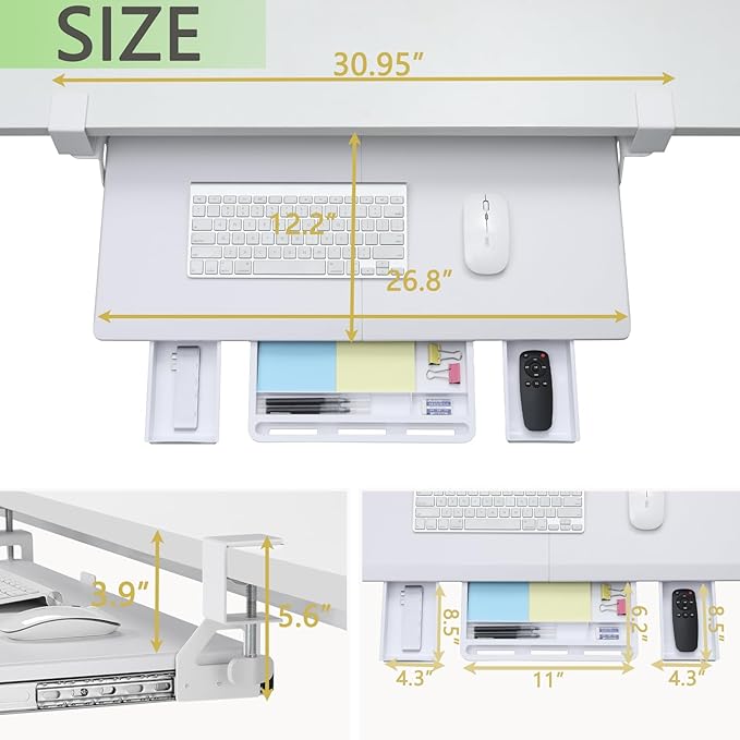 ETHU Keyboard Tray Under Desk, Pull Out Keyboard & Mouse Tray with C-clamp, Ergonomic Desk Keyboard Tray Slide Out, Pull Out Platform Drawer for Home and Office(White)