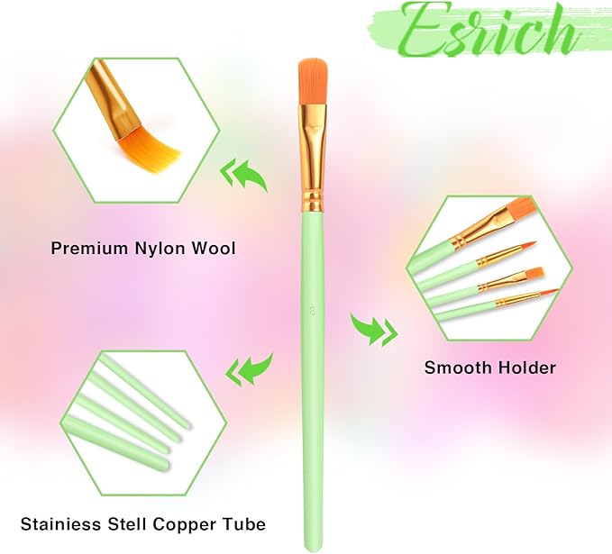 ESRICH Paint Brushes Set,20 Packs 200 Pcs Acrylic Paint Brush Set,St. Patrick's Party Acrylic Oil Watercolor, Face Nail Art, Miniature Detailing,Rock Painting,Painting Artist Professional Kits(Green)