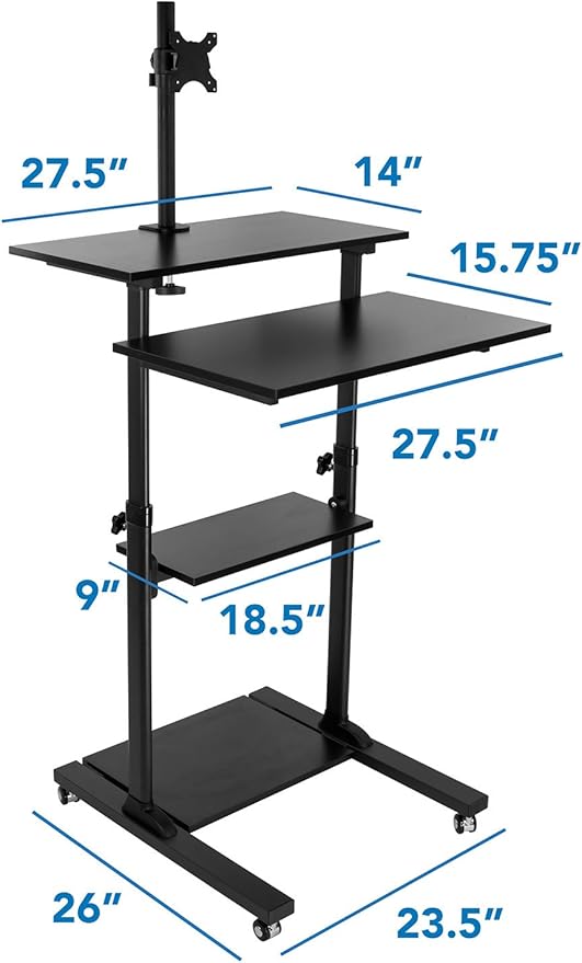 Mount-It Mobile Stand Up Desk / Height Adjustable Computer Work Station Rolling Presentation Cart With Monitor Arm (MI-7942B), Black
