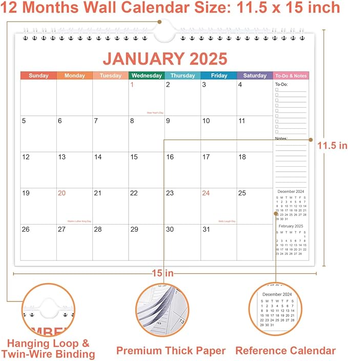 Calendar 2025 - Wall Calendar from January 2025 - December 2025, 2025 Calendar Premium Paper, Twin-Wire Binding & Hanging Hook, 11.5" x 14.5", Colorful