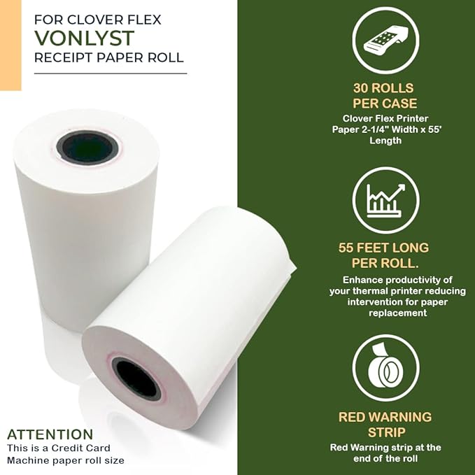 Thermal Paper Roll for Clover Flex Receipt Paper 2 1/4 x 55 (30 rolls)