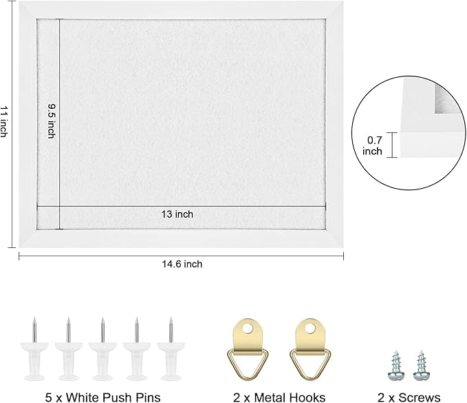 TORASO Cork Board Bulletin Board, Cork Boards for Walls with Pins, Eye Bolts, gaskets, Screws, Pin Board for Office, School and Home (White, 11“x14.5” - 1p)