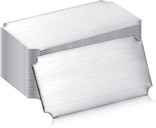 Therwen 30 Pcs Name Plates Laser Engraved Brushed Stainless Steel Plate Personalized Plaque Blank Custom Name Tag Frame Label with Adhesive Backing(Silver Notched Corner,4''x 2'')