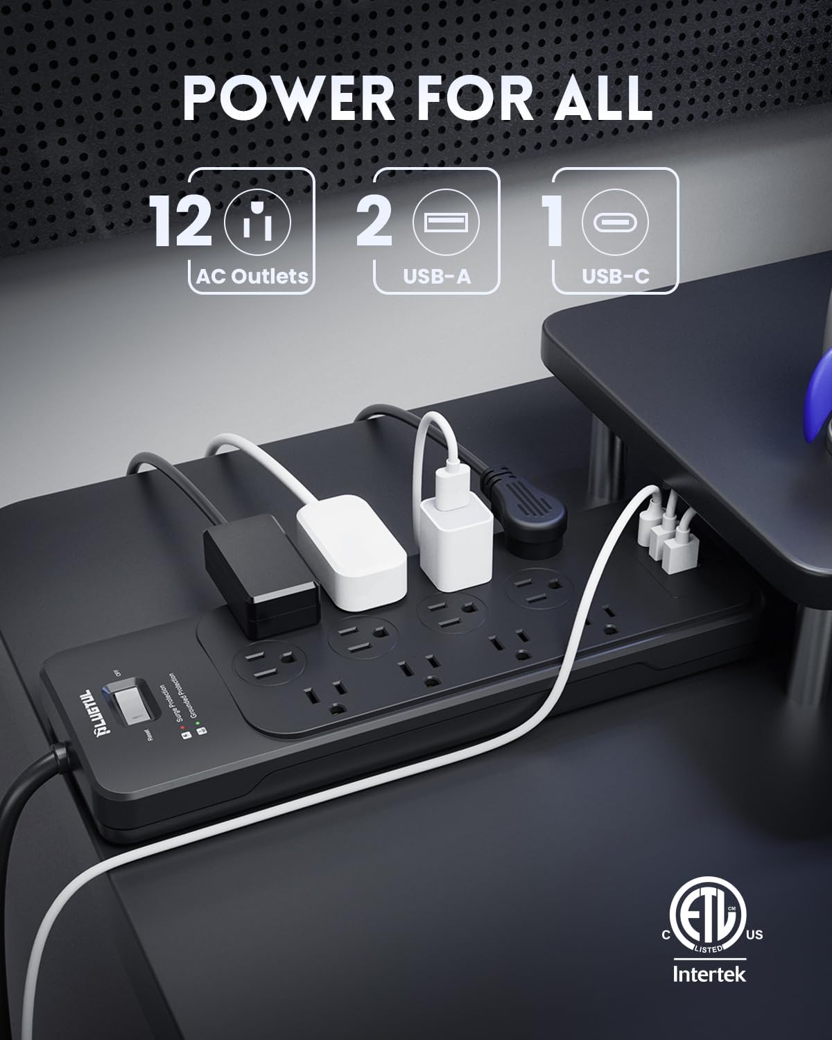 Surge Protector Power Strip 10FT(4080J), PLUGTUL Surge Protector with 12 Outlets - Spacious Design for Large Plugs, Flat Plug, 20W USB C Charging for Home, Office, ETL Listed