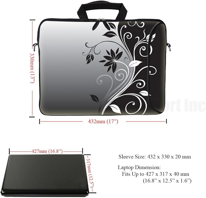 Meffort Inc 17 Inch Neoprene Laptop Bag with Extra Side Pocket, Soft Carrying Handle & Removable Shoulder Strap Fit 16" to 17.3" Size - Black Gray Swirl