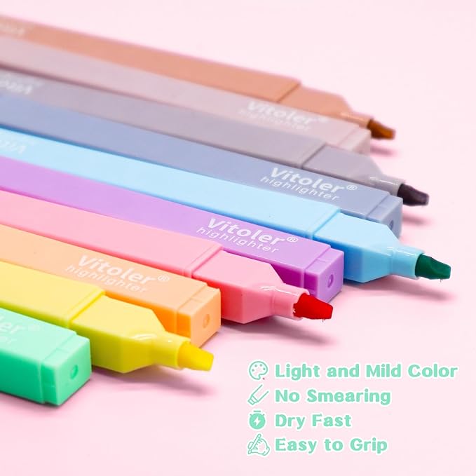 Vitoler 10Pcs Aesthetic Highlighters, Chisel Tip Marker Pens,Assorted Color Candy Highlighters,No Bleed Bible Highlighters,Cute Pastel Highlighters for Journaling Planner Notes School Supplies