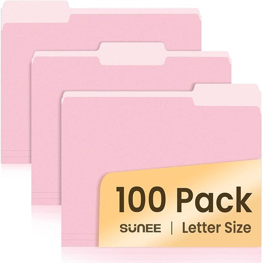 SUNEE File Folders Letter Size Pink, 100 Pack Manilla Folders 8.5 x 11 1/3-Cut Tabs, Colored File Folders Office Home School for Documents Files Paper