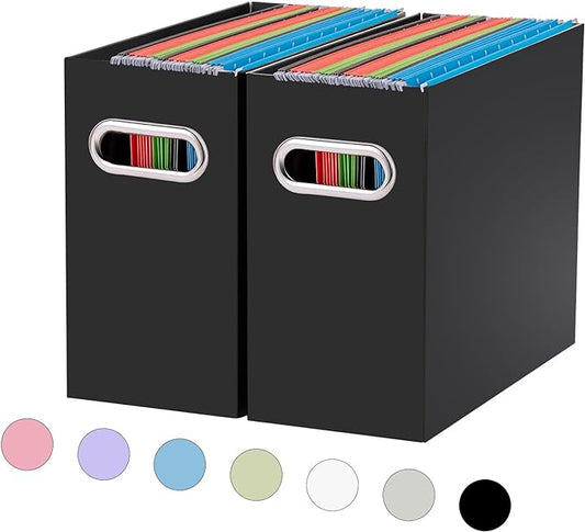 Oterri File Organizer, Small Storage Box, Cardboard File Folder Organizer, Collapsible File Box, Hanging File Organizer for Letter Size, Portable File Box with Handle, Only Box（Black，2 Packs）