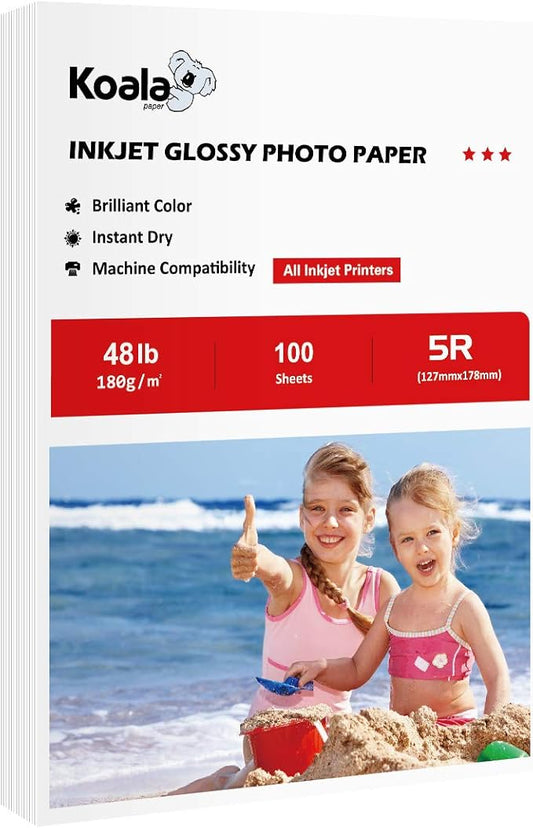 Koala Glossy Inkjet Photo Paper 5X7 Inches 48lb 100 Sheets Professional Glossy Photographic Paper Compatible with Inkjet Printer Use DYE INK 180GSM