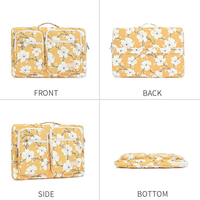 canvaslife 360° Protective Laptop Sleeve Case Bag with 3 Pockets for 14 inch Dell HP Lenovo Laptop and MacBook Pro 14 inch,Surface Laptop 14.4 inch (Yellow flower)