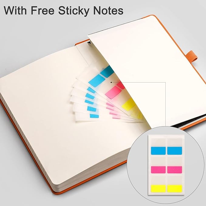 EMSHOI Lined Journal Notebook - 120gsm Thick Leather Journal with Sticky Notes, 256 Numbered Pages A5 Hardcover College Ruled Notebook for Women Men Work School Writing, Medium 5.75" x 8.38"-Orange