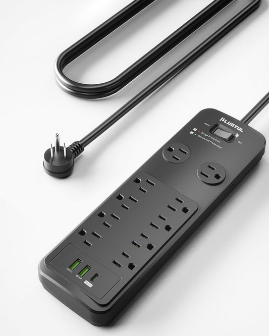 Surge Protector Power Strip 10FT, PLUGTUL Surge Protector with 10 Outlets - Spacious Design for Large Plugs, Flat Plug, 20W USB C Charging for Home, Office, ETL Listed，2040J