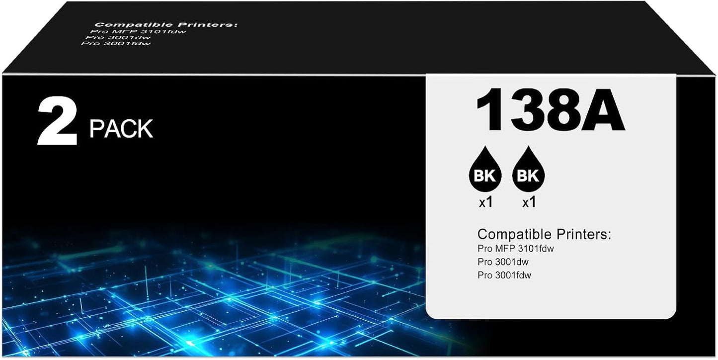 138A Black Toner Cartridge Pro MFP 3101fdw Black Toner Compatible for HP 138A Black Toner Cartridge for HP138A W1380A for pro 3001dw 3101sdw Toner 2Pack (with Chip)