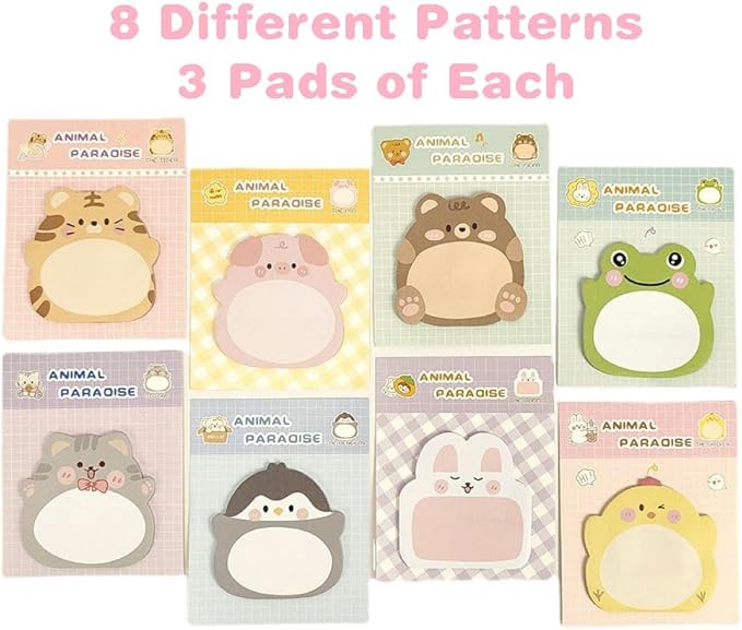 24 Pads Cute Animal Shaped Sticky Notes 8 Cute Patterns 3 Pads of Each Kawaii Self-Sticky Notes Memo Pad for School Office Home Kids Students Roommates Tab Gifts