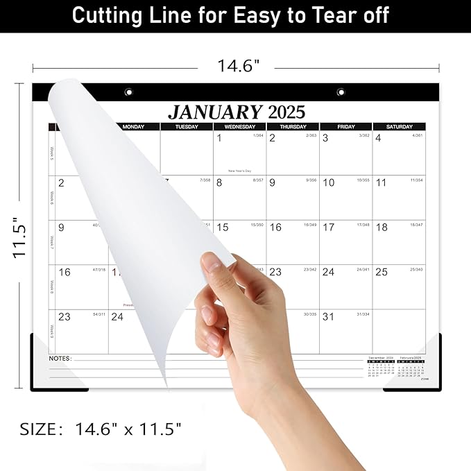 2025 Desk Calendar - 12 Monthly Desk Calendar 2025, JAN.2025 - DEC.2025, 14.6" x 11.5", Desk/Wall Calendar 2-in-1, Thick Paper with Corner Protectors, Hanging Holes, Large Daily Blocks