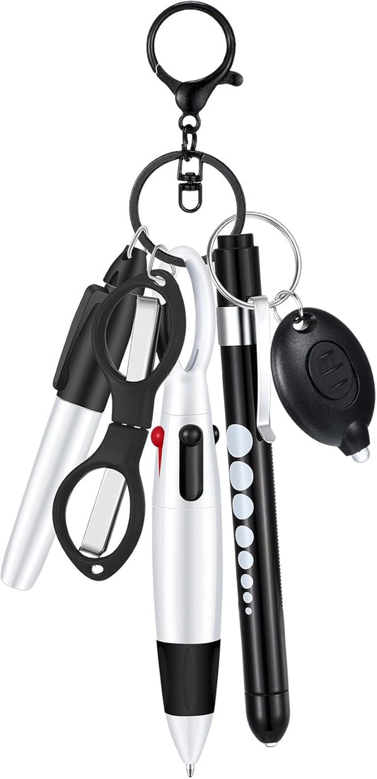 6 Pcs Nurse Pen Set Include Permanent Marker Pen Retractable Ballpoint Pen Keychain Clip Foldable Scissors Lights LED Flashlight Keychain for Nurse Accessories(Black)