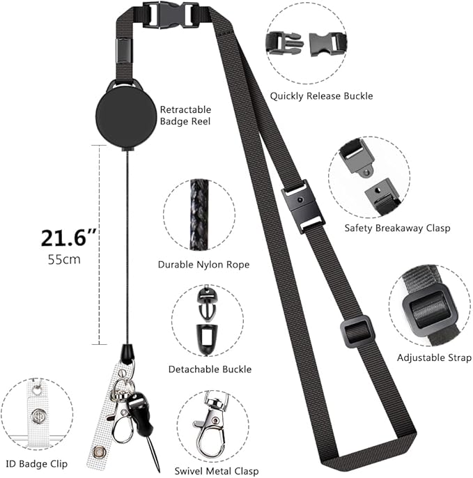 2 Pack Adjustable Retractable Lanyards, Quick Release Buckle and Safety Breakaway Lanyards with Swivel Metal Lobster Clasp for Offices, Staff, Students, Employees