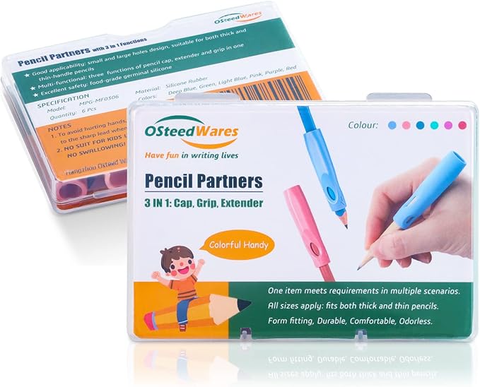 Ergonomic Pencil Grip, Extender & Cap 3 in 1, Silicone Pencil Partners Pack of 6 Pcs for Kids and Adults Handwriting