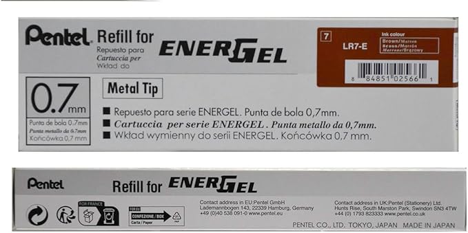 Pentel Refill Ink for EnerGel RTX Retractable Gel Pen 12 Pack, 0.7mm, Medium Point, Brown (LR7-E)