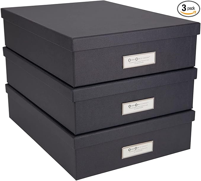 Bigso Oskar Fiberboard Label Frame Document Letter Box | File Organizer Document Box for Important Paperwork | Document Storage Box with a Lid & Label Window | 3.3″x10.2″x13.8″ | 3 Pack | Dark Grey